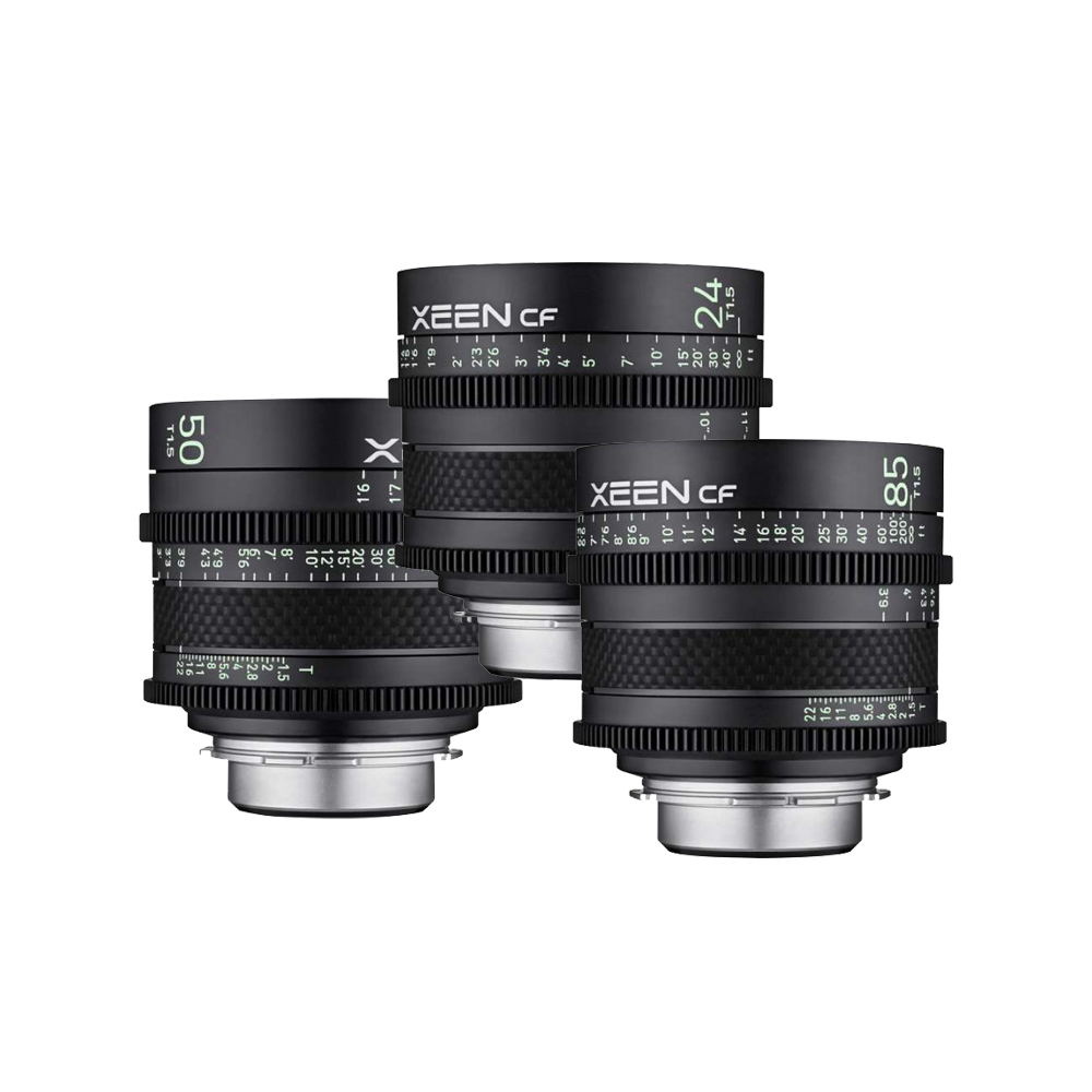 KIT Samyang XEEN CF 24/50/85mm T1.5 FF Cine PL in fibra di carbonio